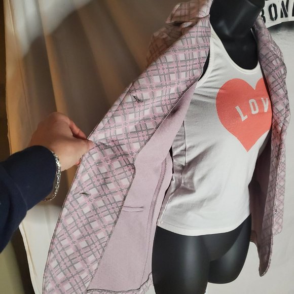 Vintage 70s Pink and Grey Plaid Poly Blazer by Country Set Sz Small - Picture 6 of 15